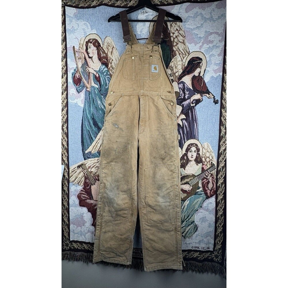 Vintage Carhartt Tan Overalls RED Quilt Lined 36x29 Union Made USA Distressed